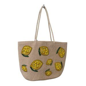 Lemon Beaded Tote Bag 11x17" Natural Cotton Beach Shoulder Handmade India